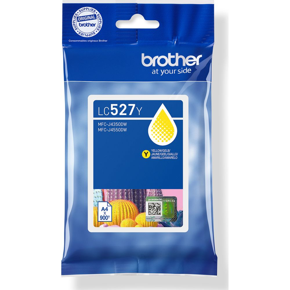 Gele Brother LC527Y inktcartridge verpakking met modelnummers en logo.
