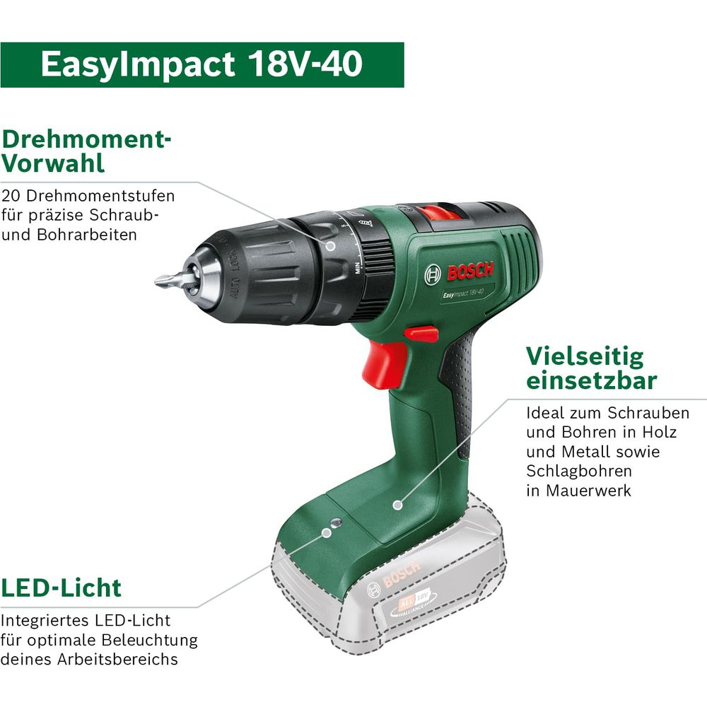 Grüner Bosch Akku-Bohrschrauber EasyImpact 18V-40 mit LED-Licht und Drehmomenteinstellung.