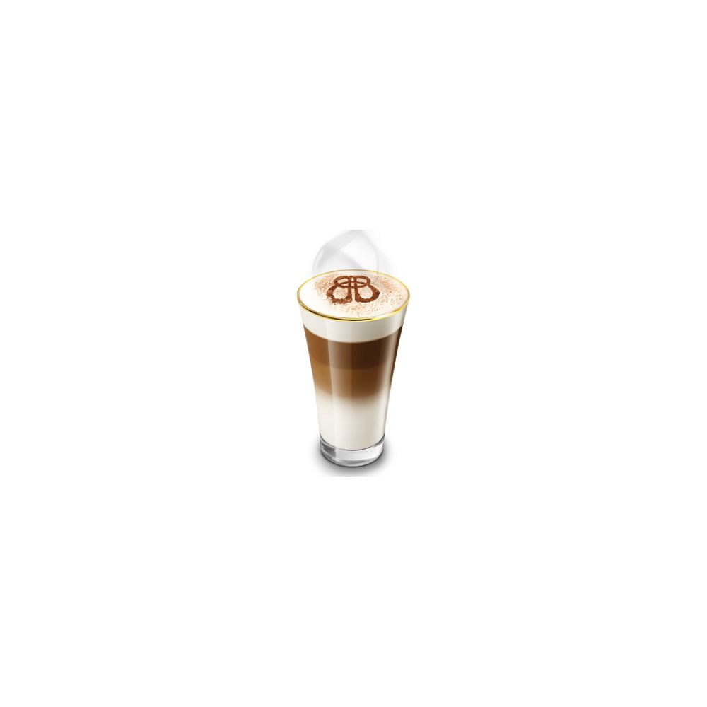Un bicchiere di latte macchiato a tre strati con logo in cacao.