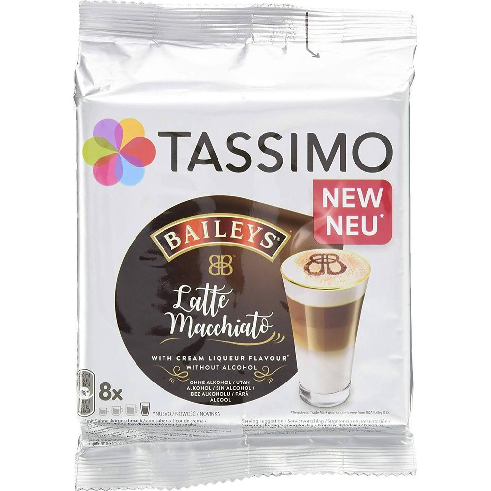 Confezione Tassimo Baileys Latte Macchiato con 8 capsule, senza alcol.
