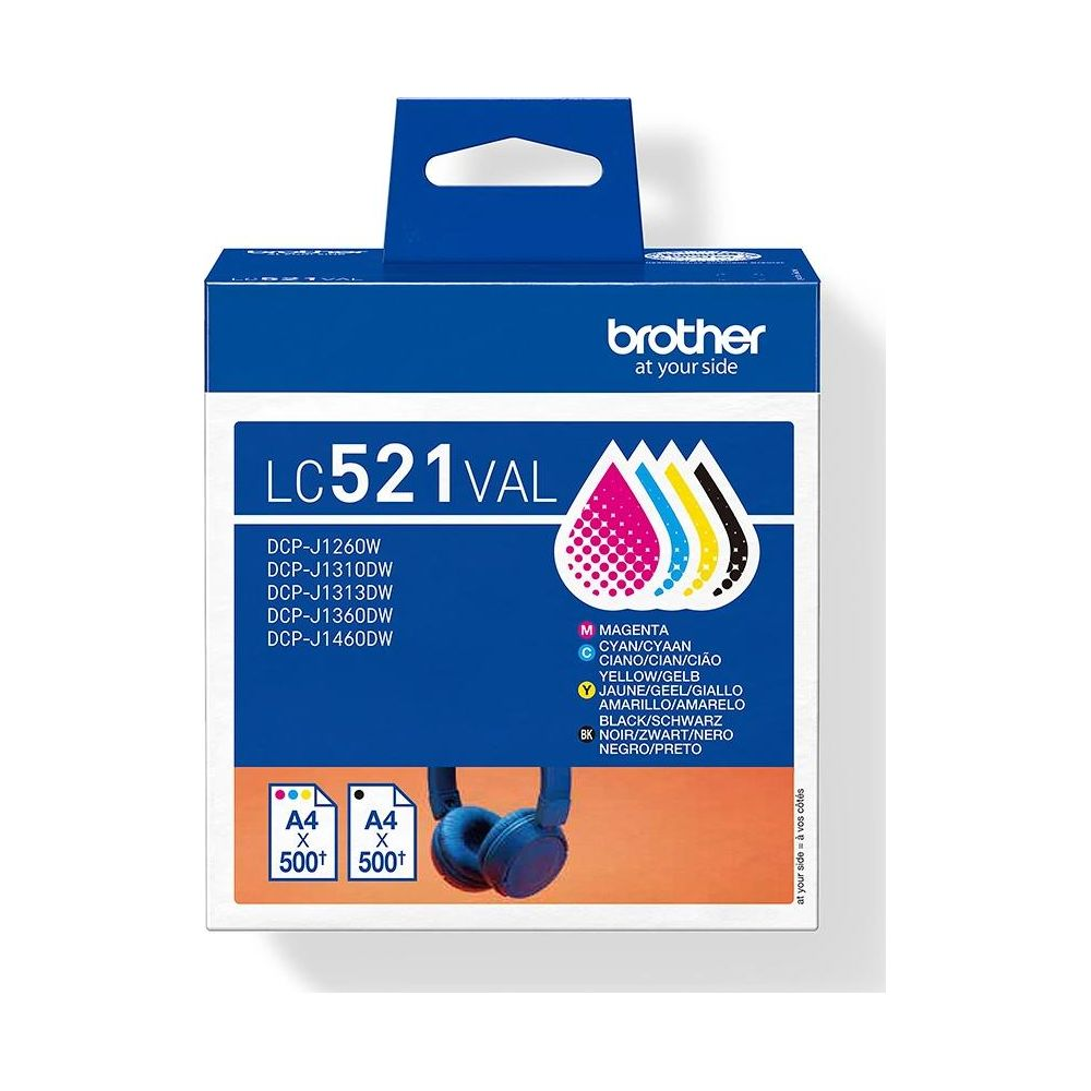 Opakowanie tuszu Brother LC521VAL cztery kolory ze słuchawkami na pierwszym planie.