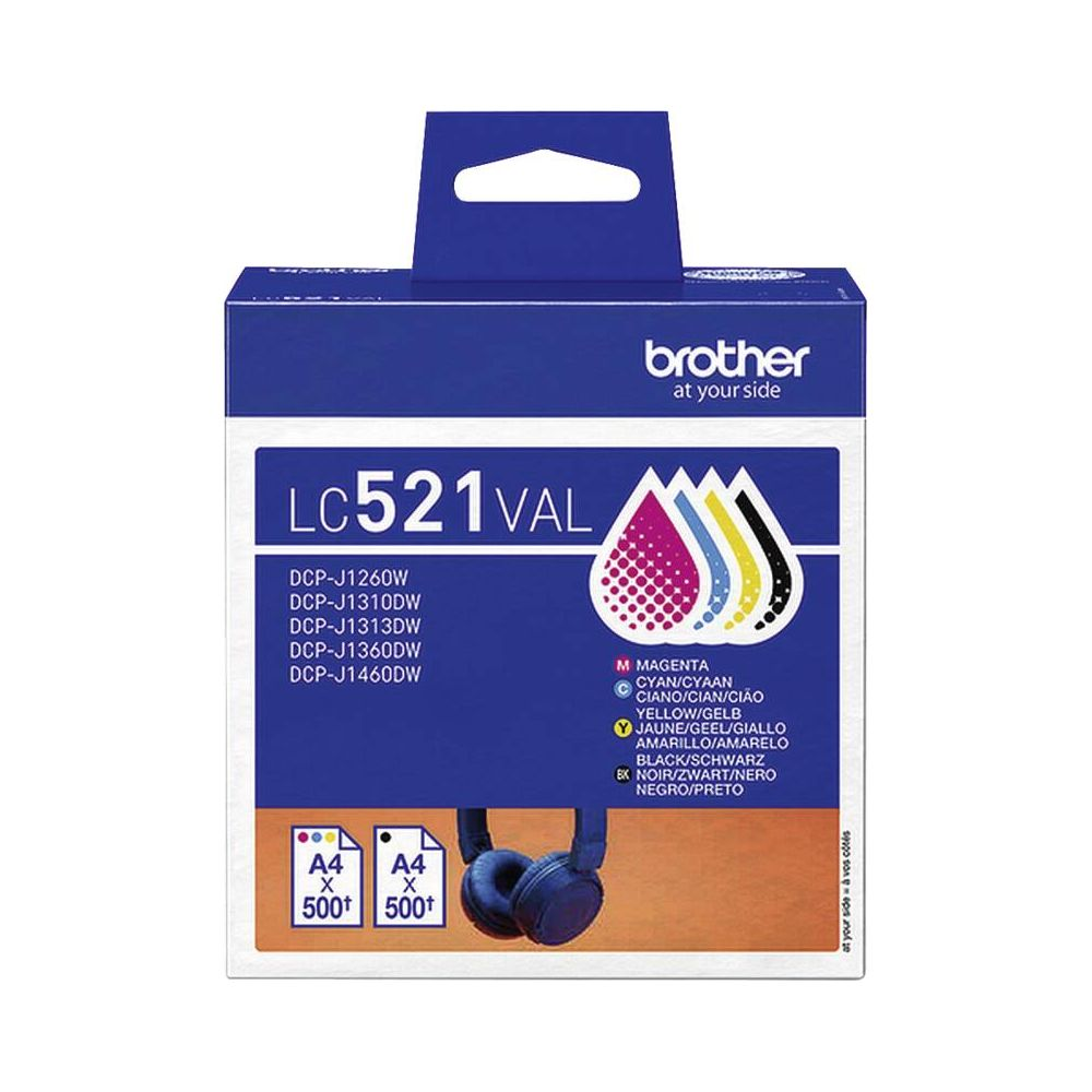 Opakowanie tuszu Brother LC521VAL z czterema kolorami i słuchawkami.