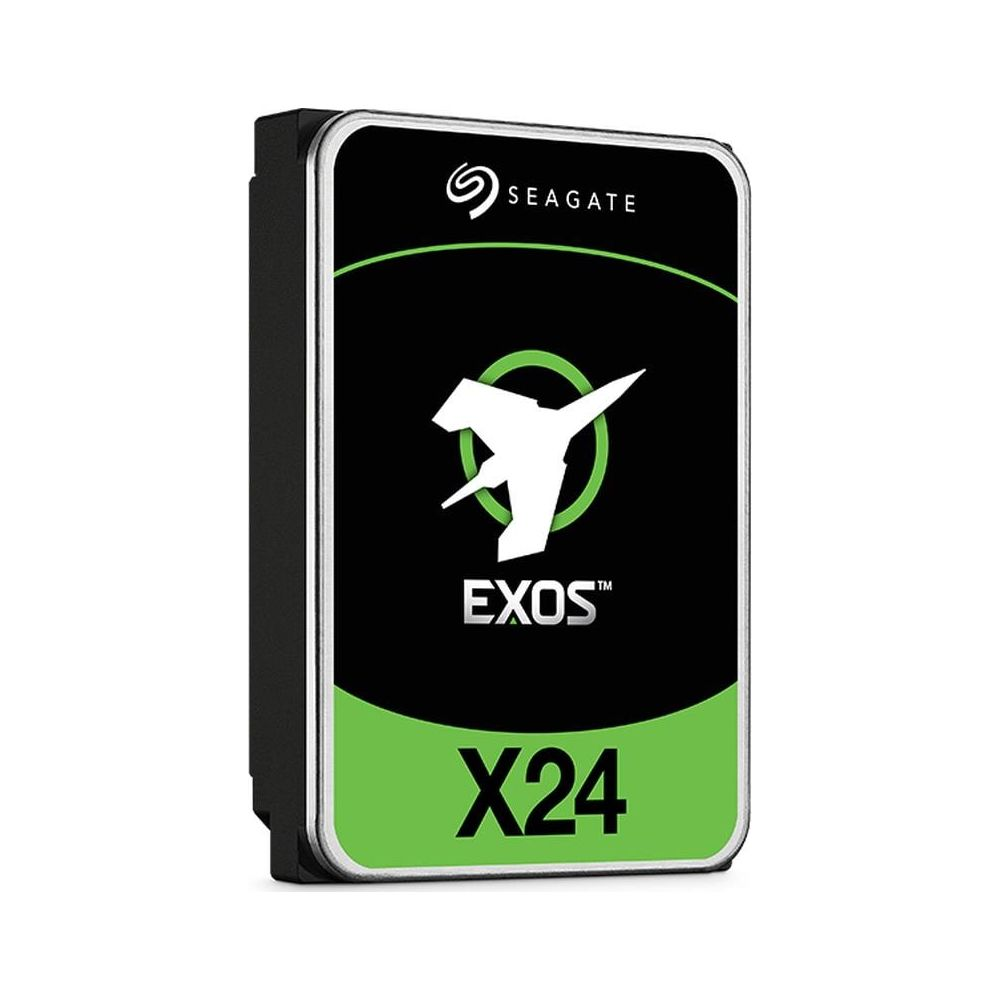 Dysk twardy Seagate Exos X24 z białym logo na czarnym i zielonym tle.