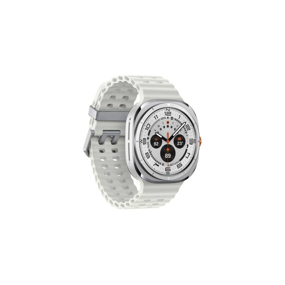 Uno smartwatch bianco con cassa argentata e display digitale.
