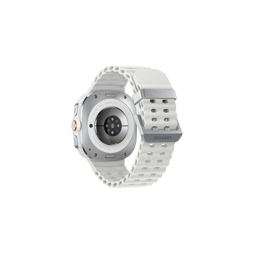 Vista posteriore di uno smartwatch bianco con accenti argentati e cinturino traforato.