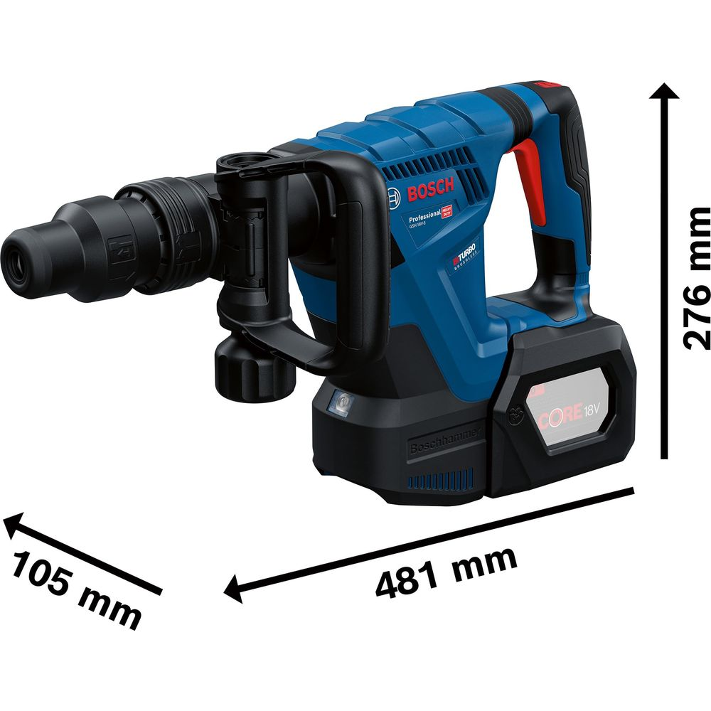 481mm x 105mm x 276mm ölçülerinde mavi bir Bosch kırıcı.