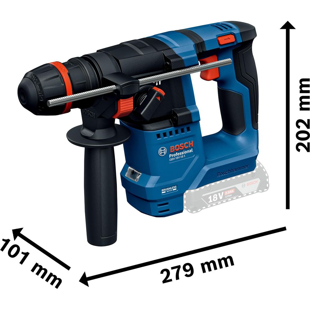 Blauer Bosch Bohrhammer mit Zusatzgriff und Akku, 279x202x101 mm.