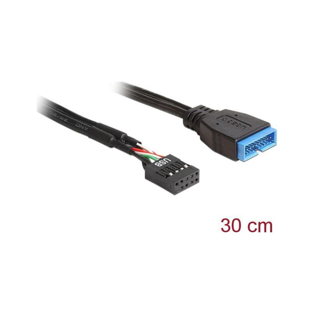 Schwarzes USB 3.0 Kabel mit 9-Pin Anschluss und blauem 20-Pin Anschluss.