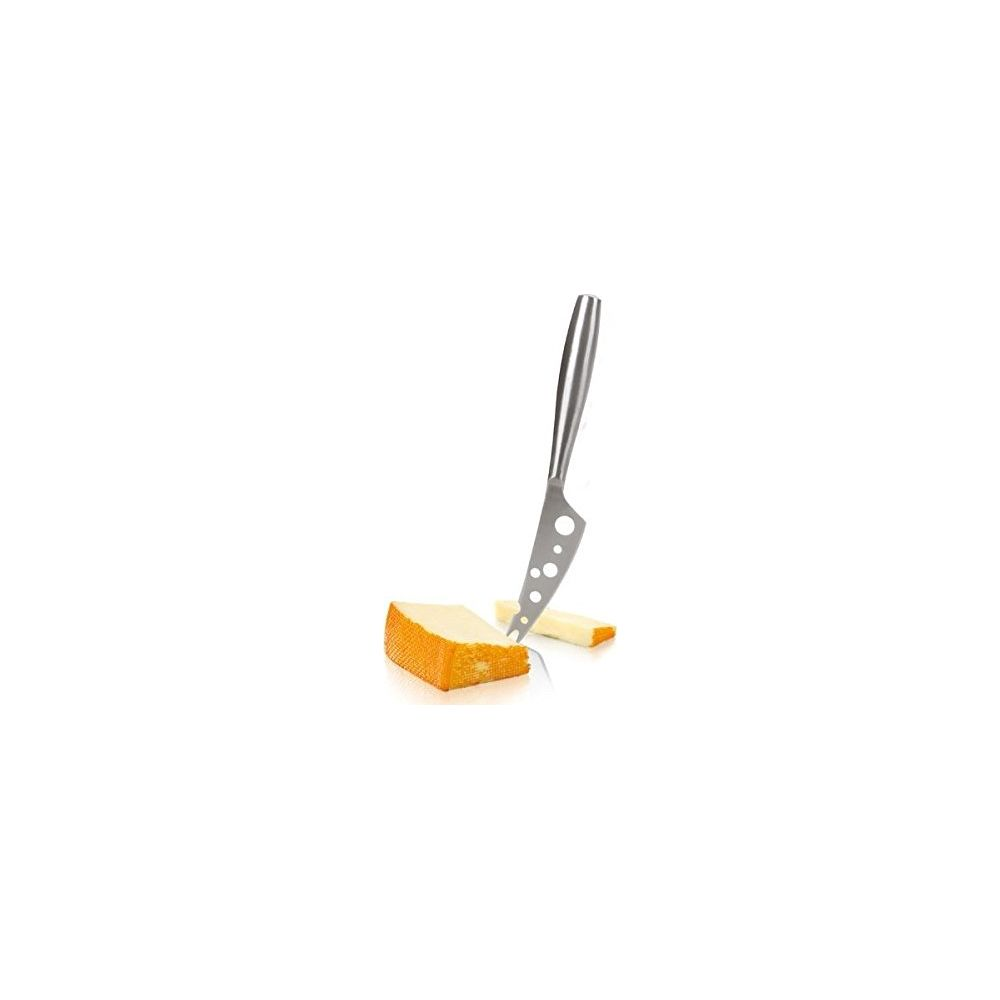 A cheese knife with holes cuts into a piece of cheese.