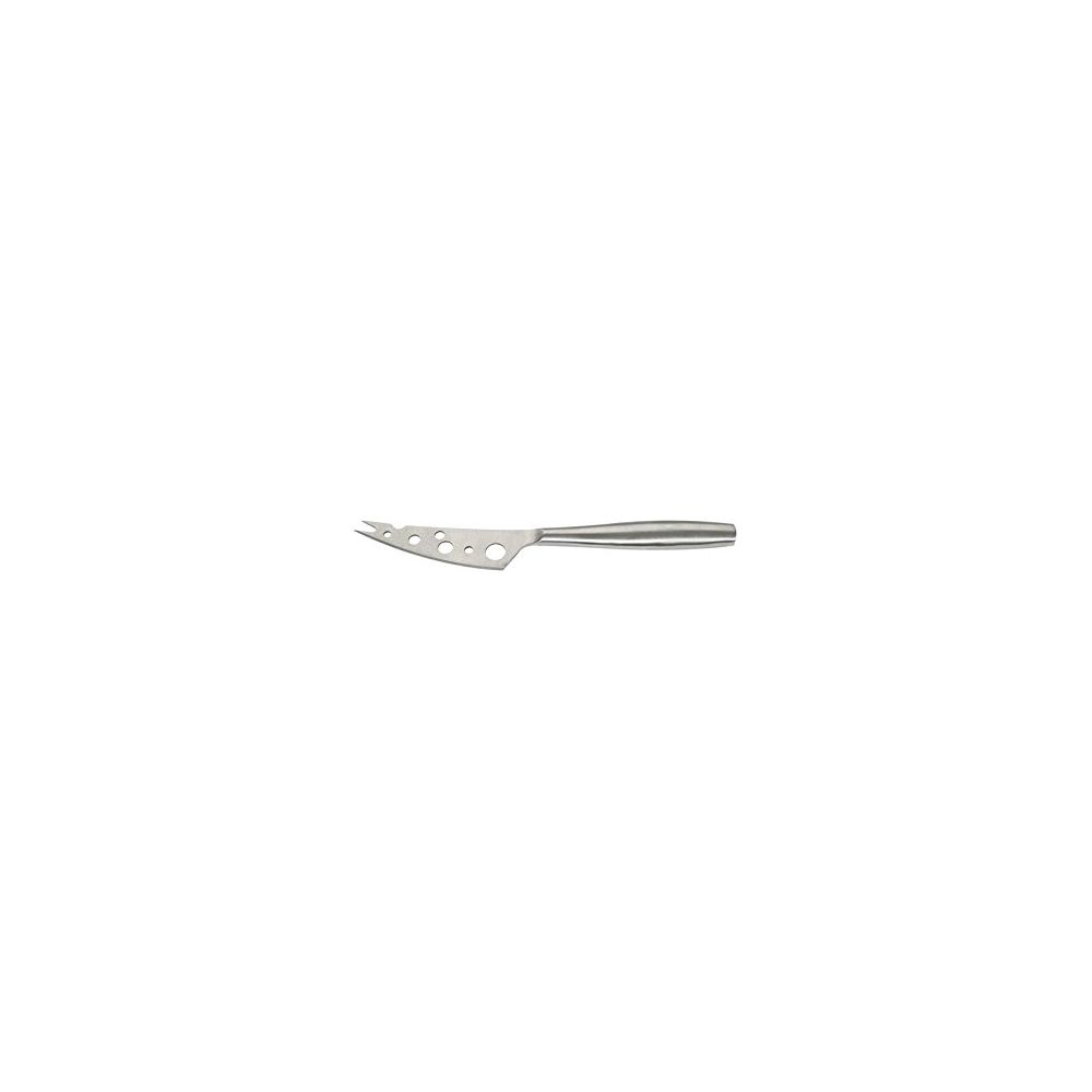 A silver cheese knife with holes in the blade and a smooth handle.