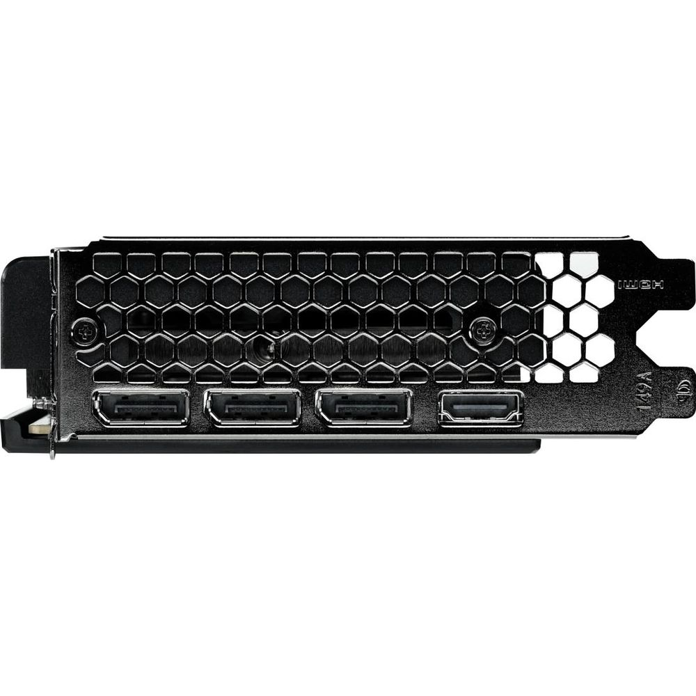 Scheda grafica con connettori HDMI e DisplayPort e copertura del dissipatore con motivo a nido d'ape.