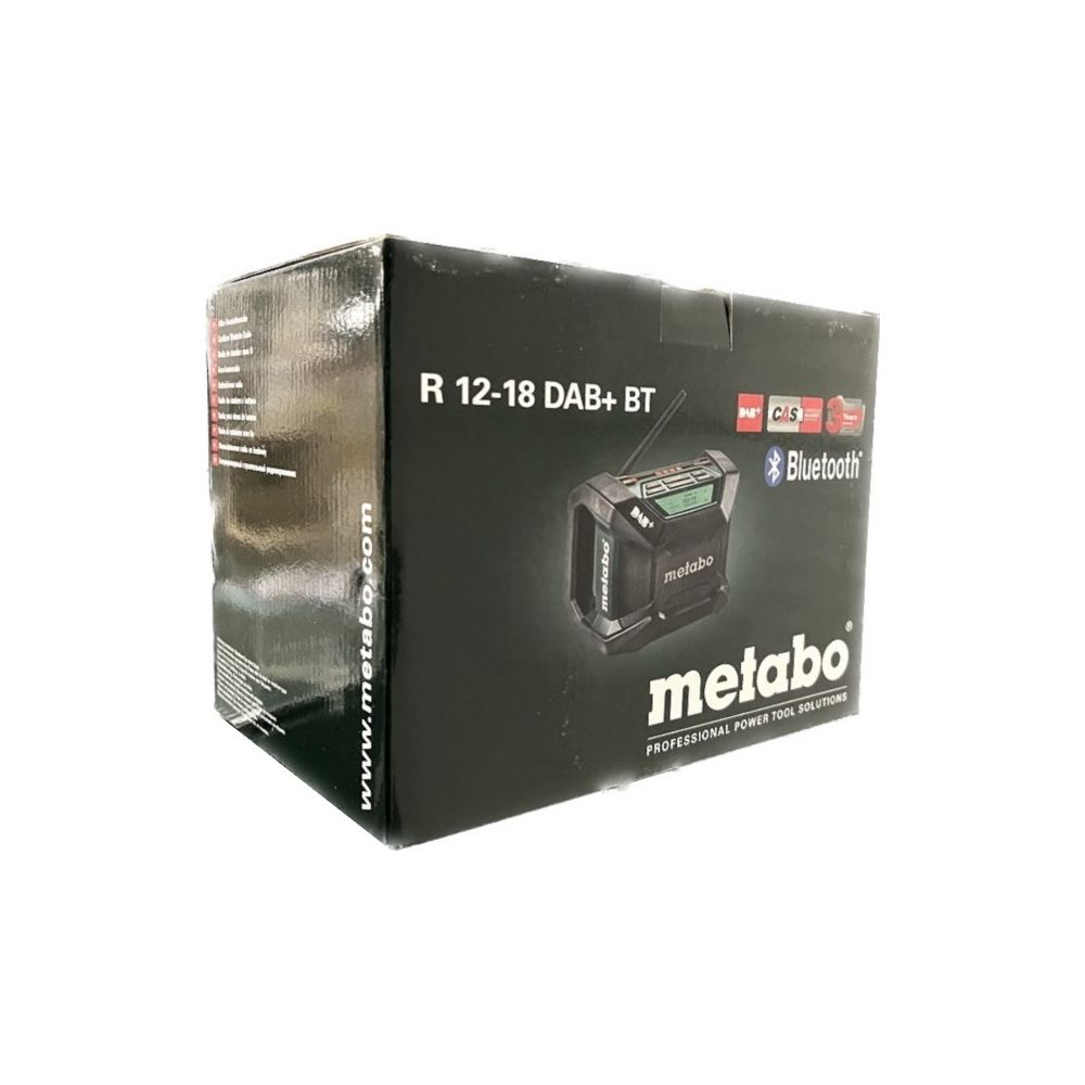 Pudełko radia Metabo R 12-18 DAB+ BT z obrazem produktu.