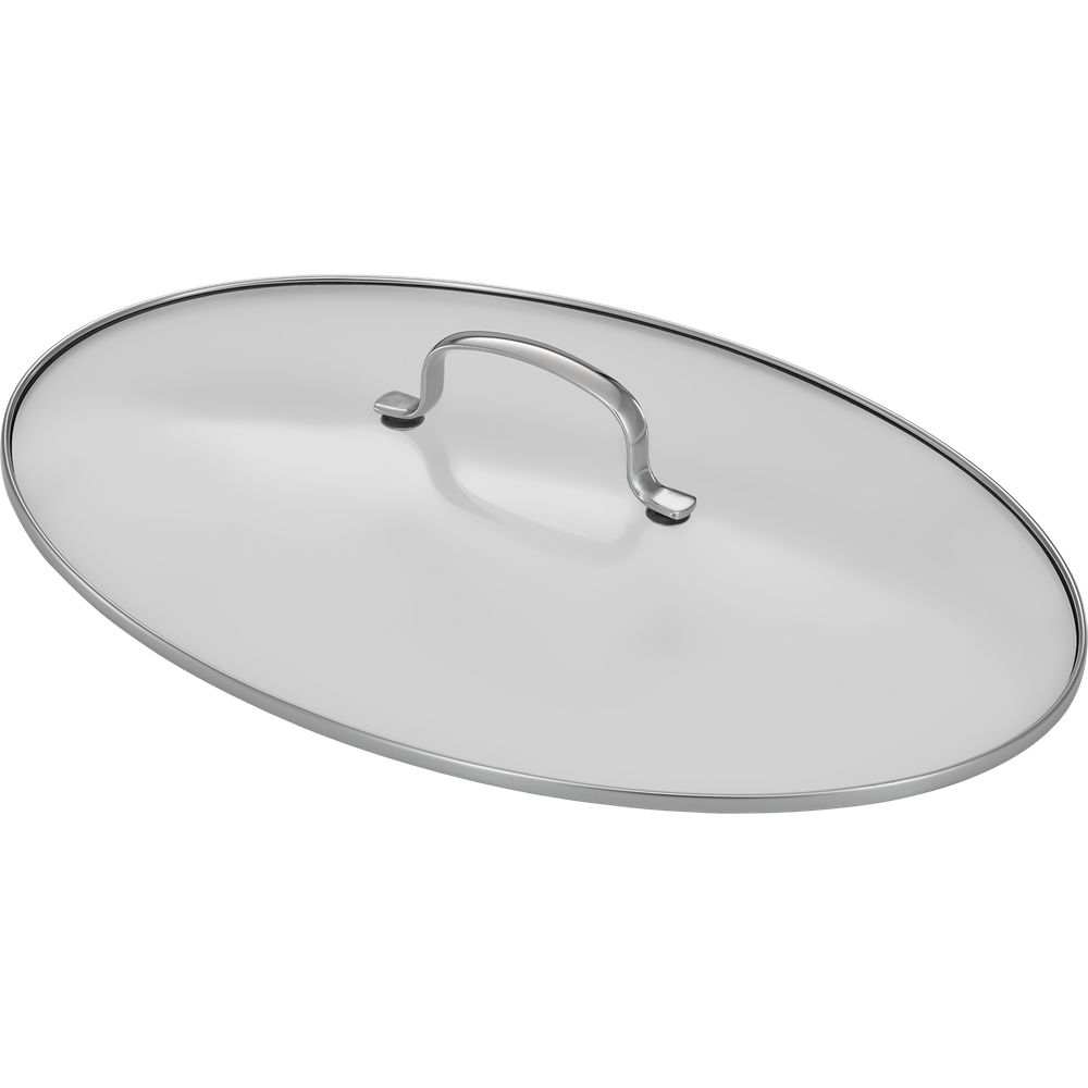 Glasdeckel mit Metallgriff, isoliert auf schwarzem Hintergrund.