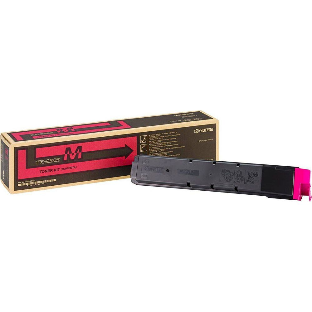 Een magenta Kyocera tonercartridge en de doos ervan op witte achtergrond.