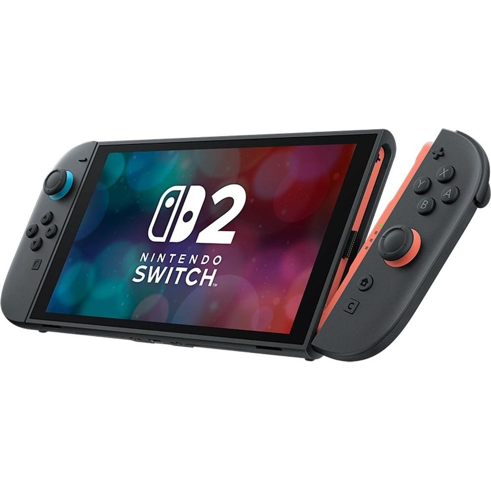 Konsola Nintendo Switch z szarymi i koralowymi kontrolerami Joy-Con.
