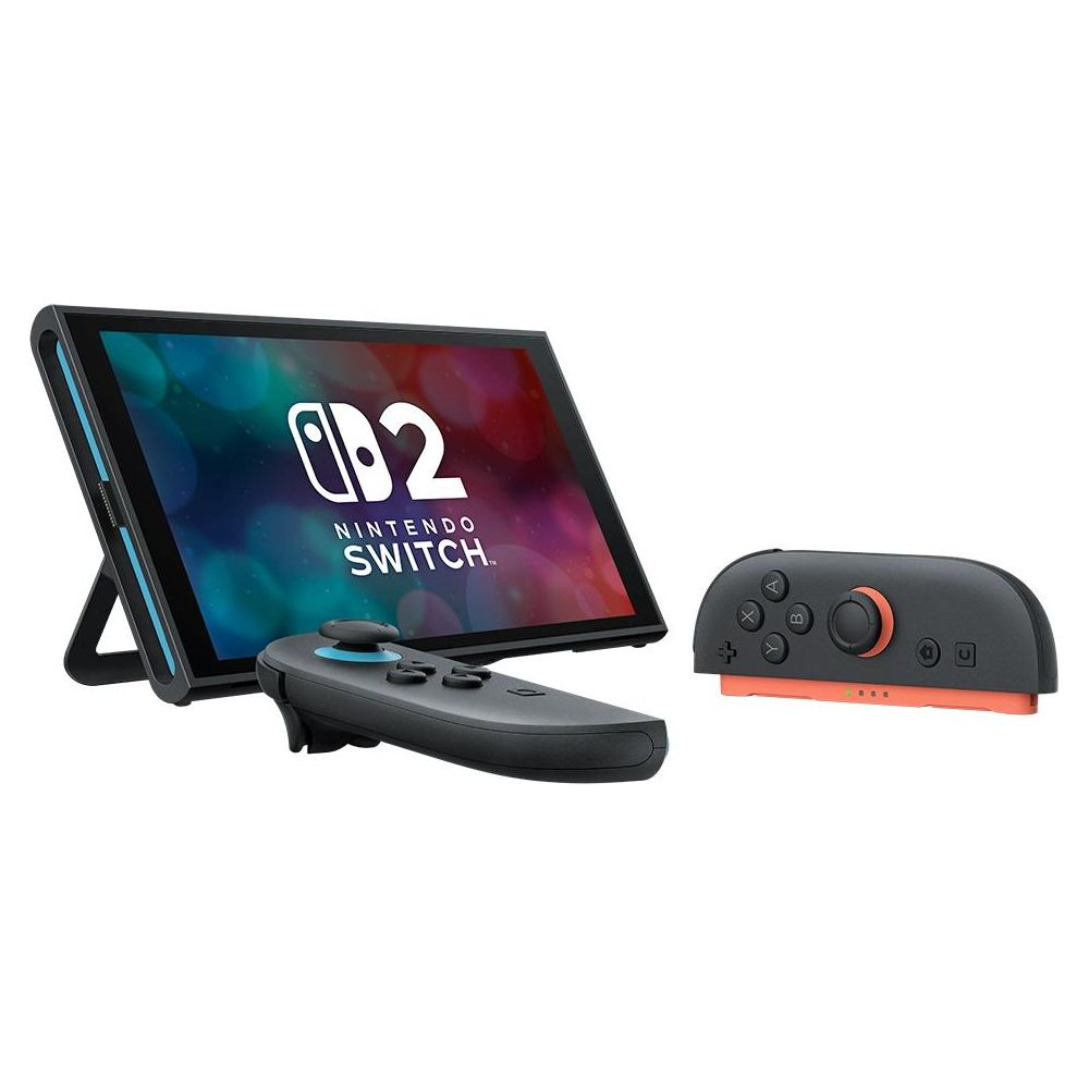 Nintendo Switch z dwoma kontrolerami i kolorowym tłem.