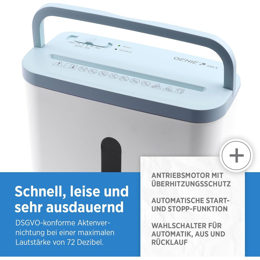 Biała i niebieska niszczarka do papieru z uchwytem. Na górze symbole i panel sterowania.