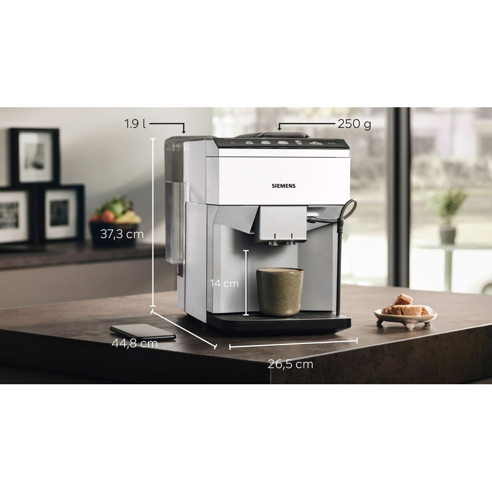 Macchina da caffè Siemens bianca con dimensioni e tazza.