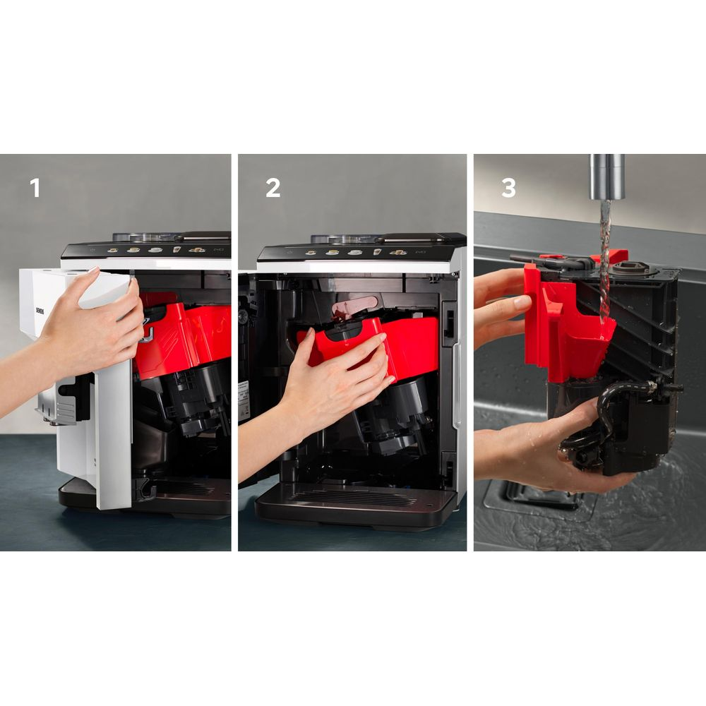 Fase 1: Inserimento parte rossa. Fase 2: Rimozione parte rossa. Fase 3: Risciacquo sotto acqua corrente.
