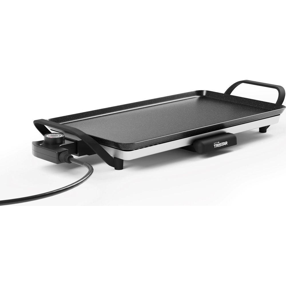 Electric grill with black cooking surface and silver frame, on white background.