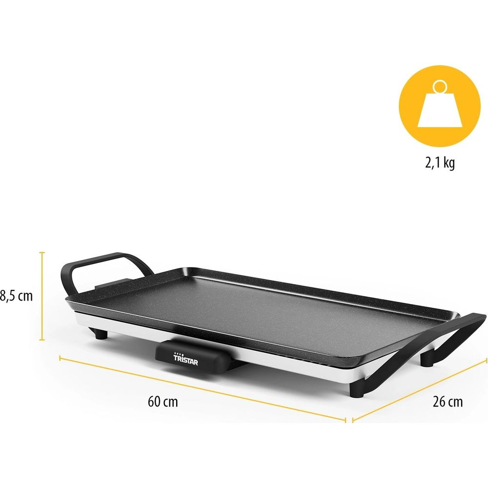 Electric grill plate, 60x26x8.5 cm, 2.1 kg weight.