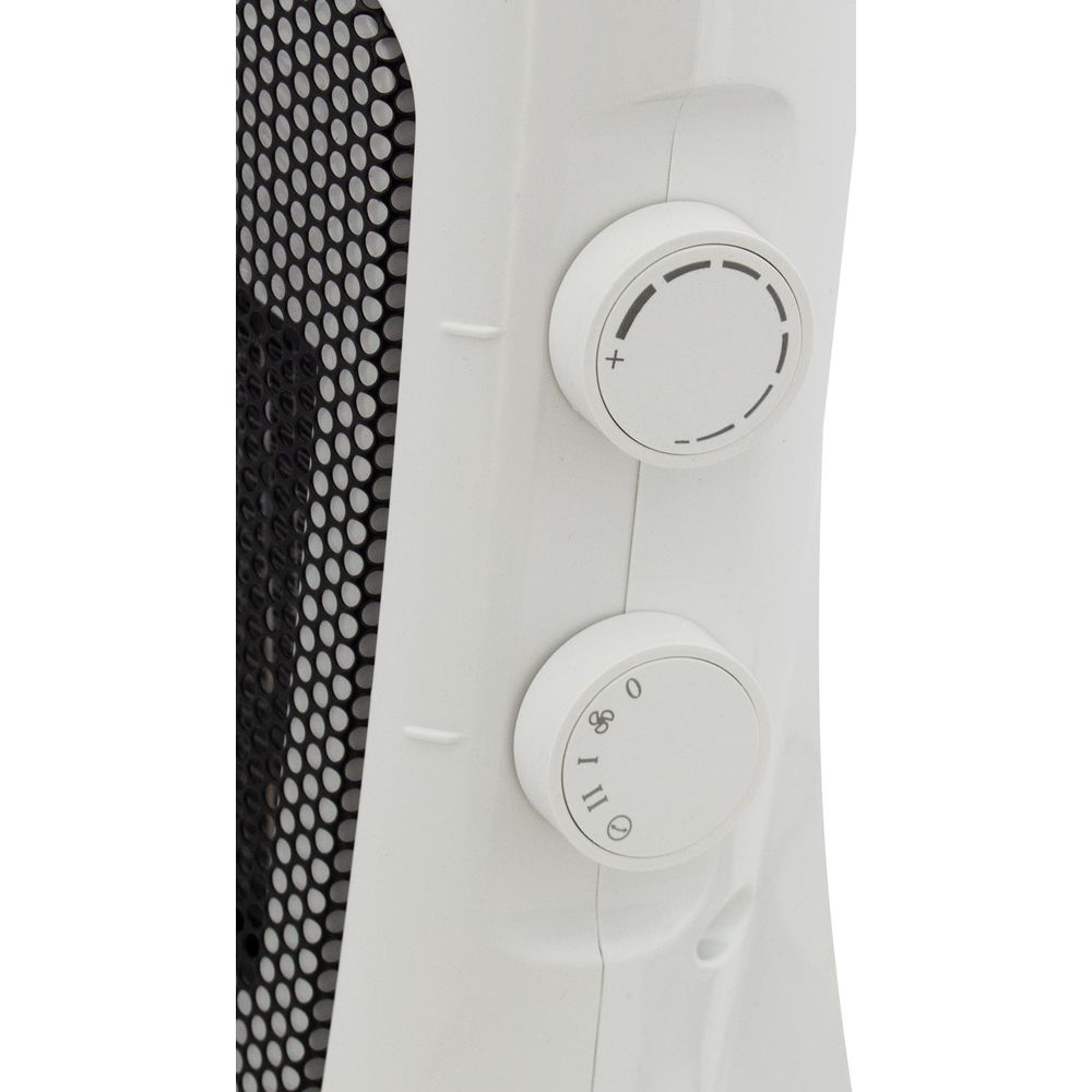 Un radiateur blanc avec deux boutons de commande et une grille de ventilation.