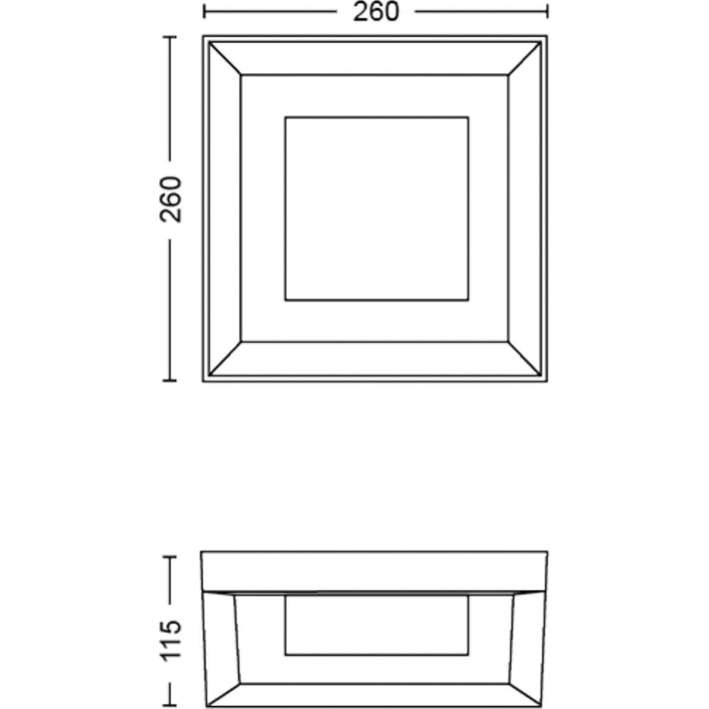 Rysunek techniczny kwadratowej ramy o wymiarach 260x260x115.