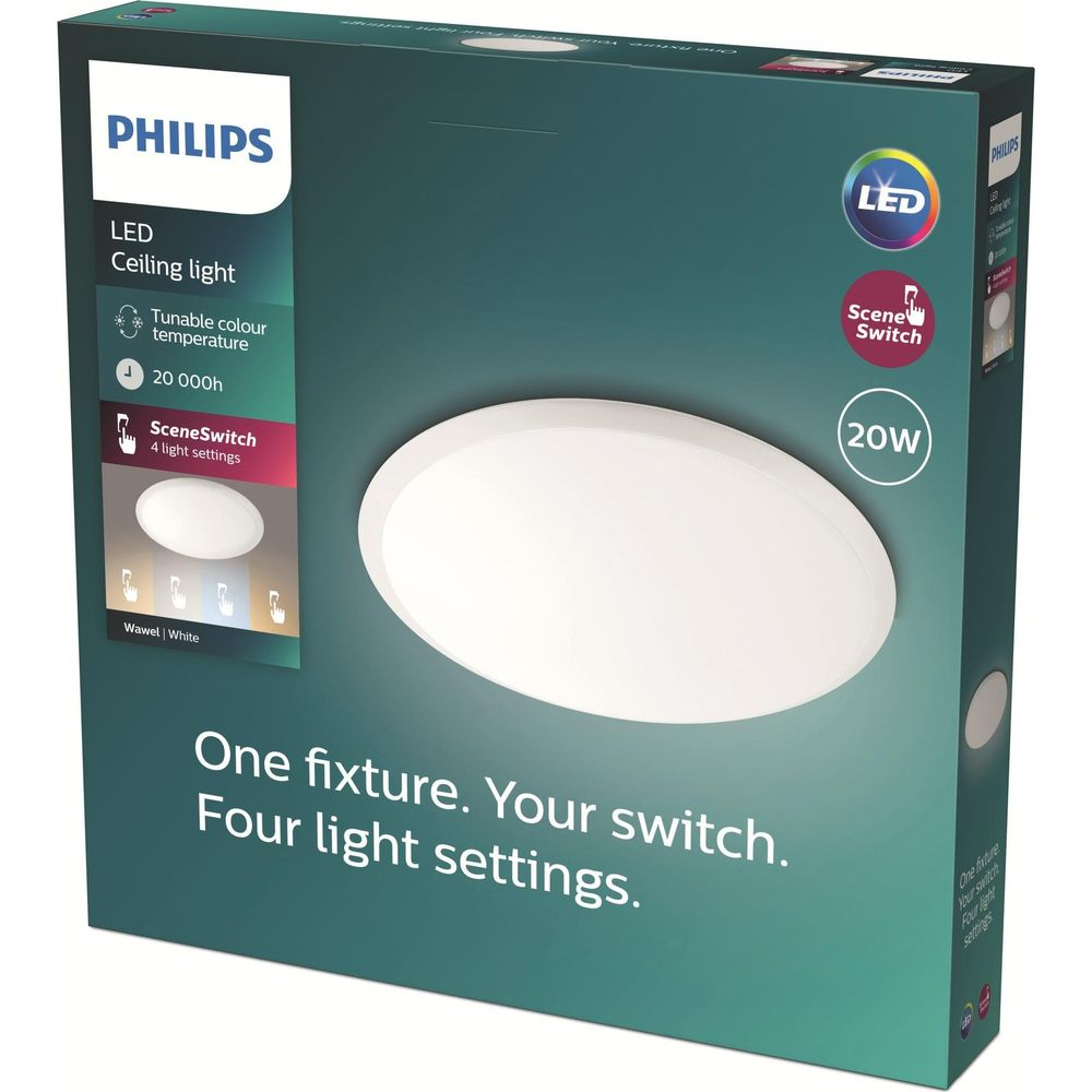 Plafoniera LED Philips, 20W, con temperatura colore regolabile.
