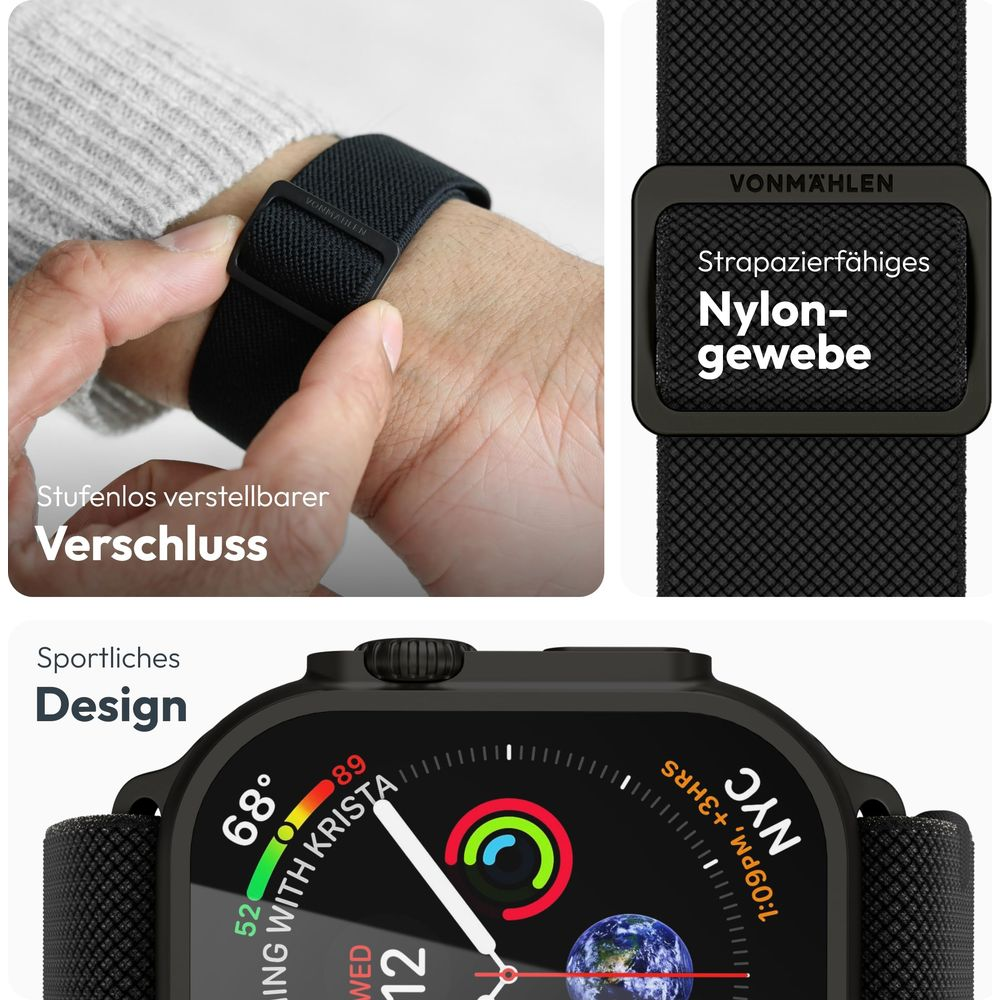 Cinturino in nylon nero con chiusura a variazione continua e smartwatch.