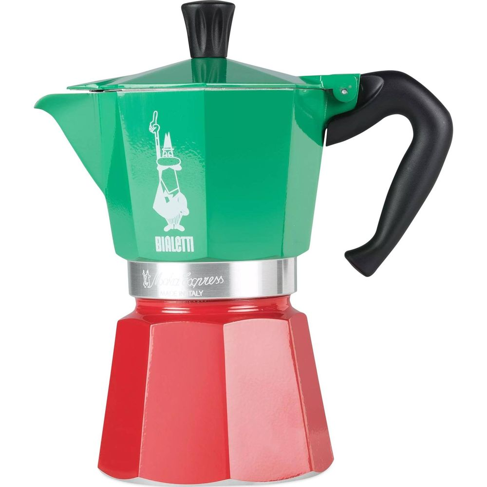 Zielona kawiarka Bialetti z czerwonym dnem i czarną rączką.