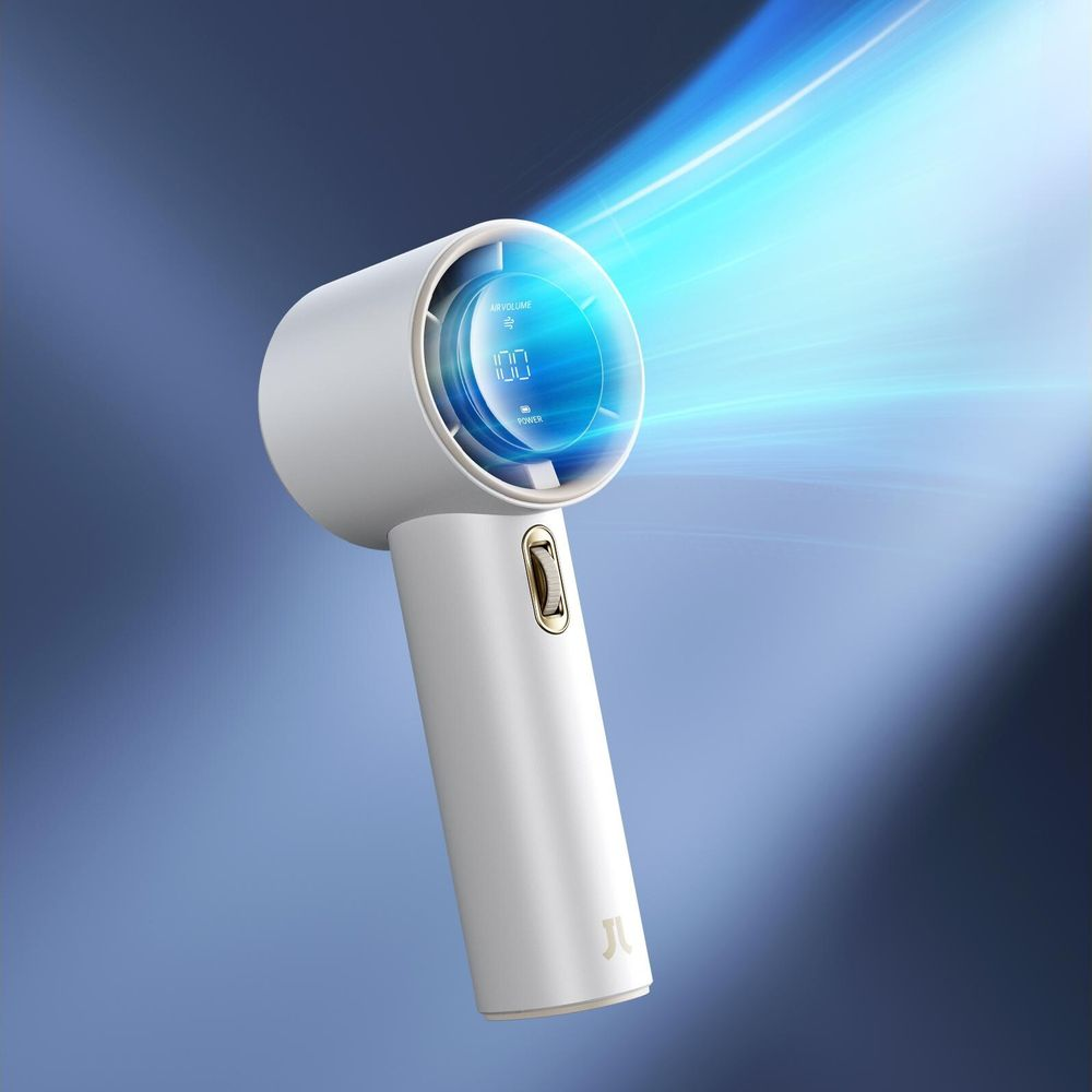 Un ventilatore bianco portatile con luce blu e flusso d'aria.