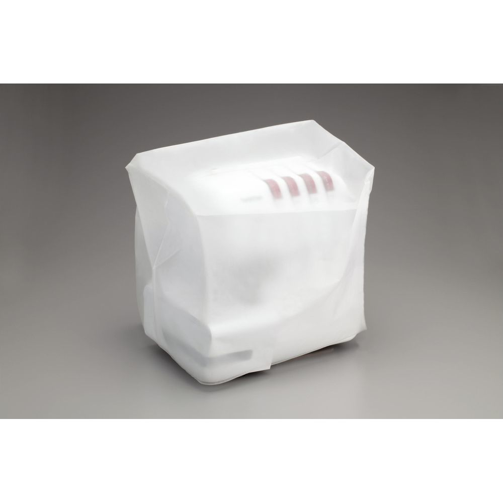 Biały obiekt pokryty cienką plastikową osłoną, z czerwonymi liniami na górze.