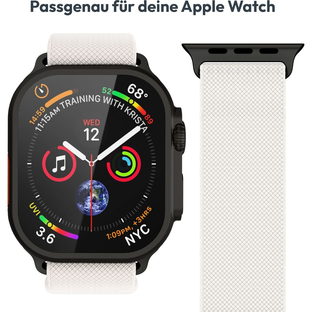 Apple Watch con cinturino bianco, quadrante mostra ora, data e meteo.