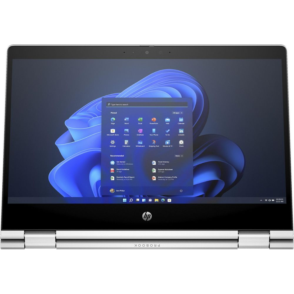 Un laptop HP ProBook con il menu Start di Windows aperto e sfondo blu.