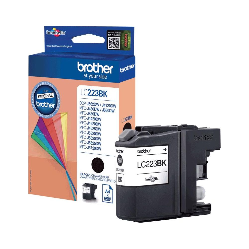Original Brother LC223BK black ink cartridge with packaging.