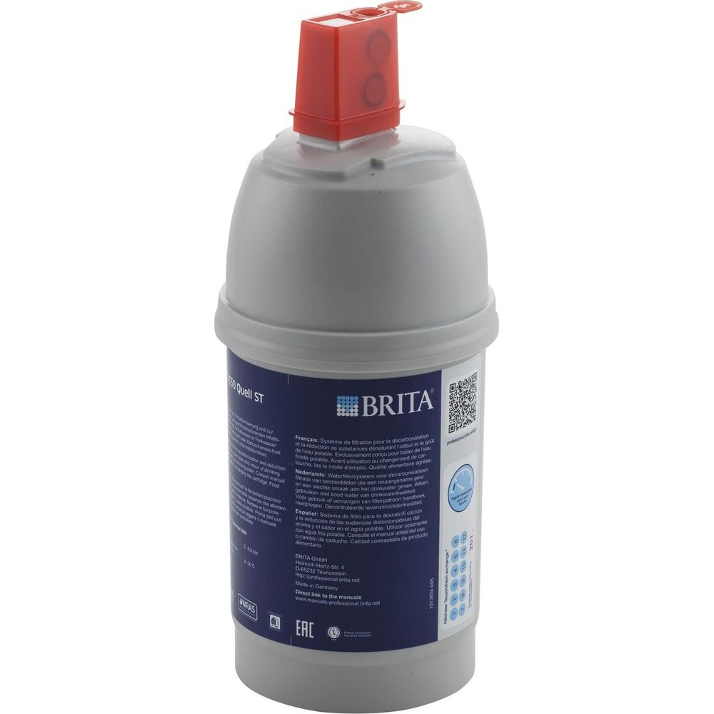 Grauer Brita Wasserfilter mit rotem Deckel und mehrsprachigen Informationen.