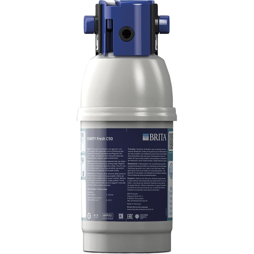 BRITA Wasserfilter PURITY Fresh C50, weiß und blau, mit Produktinformationen.