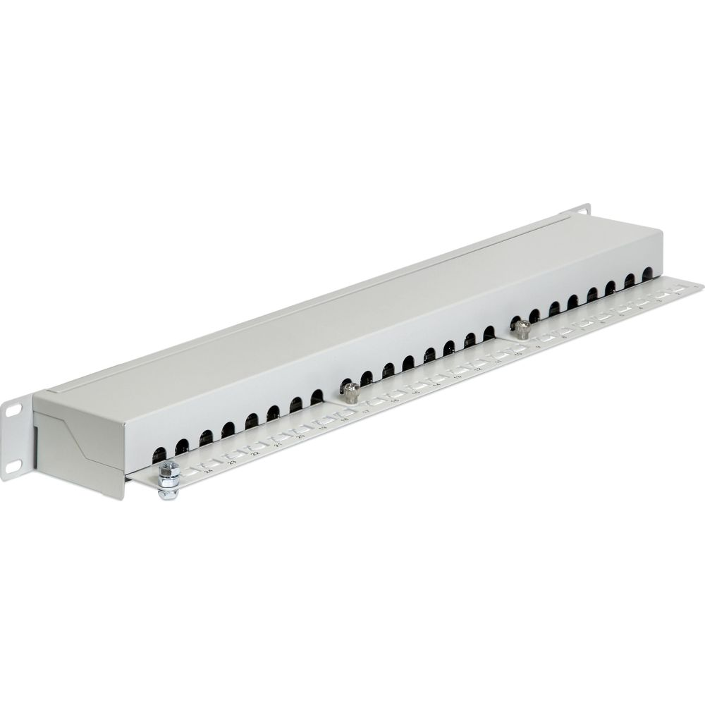 Pannello rack grigio da 19 pollici con 24 porte e numerazione.