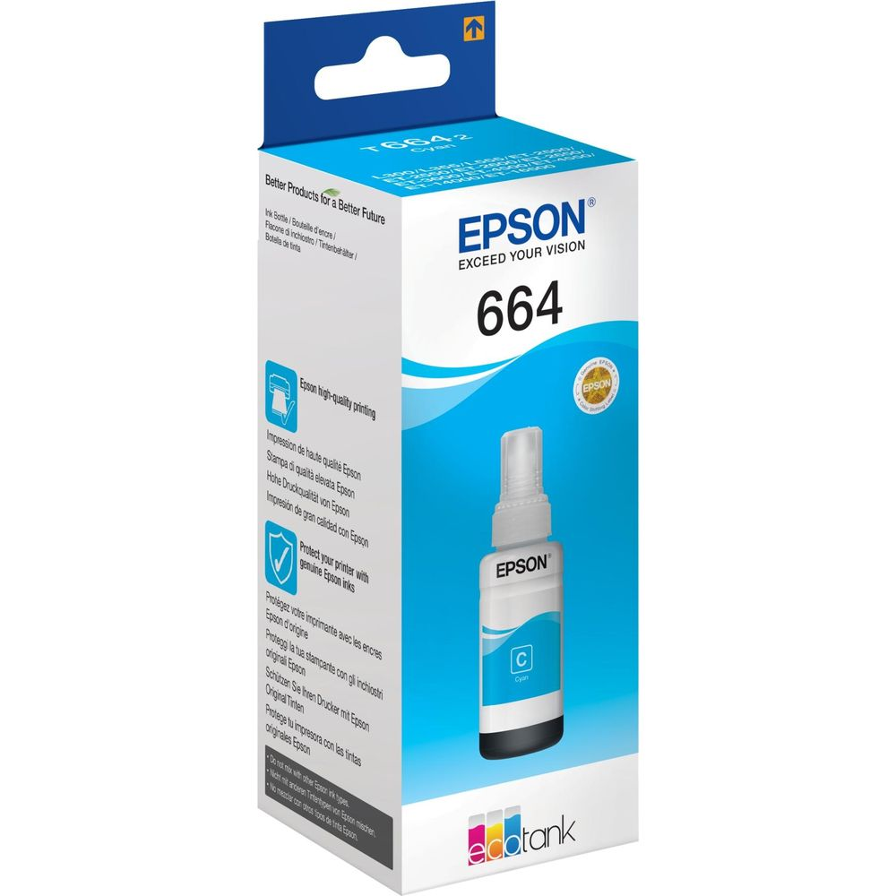 Butelka tuszu Epson 664 Cyan na pudełku. Drukowanie Epson.