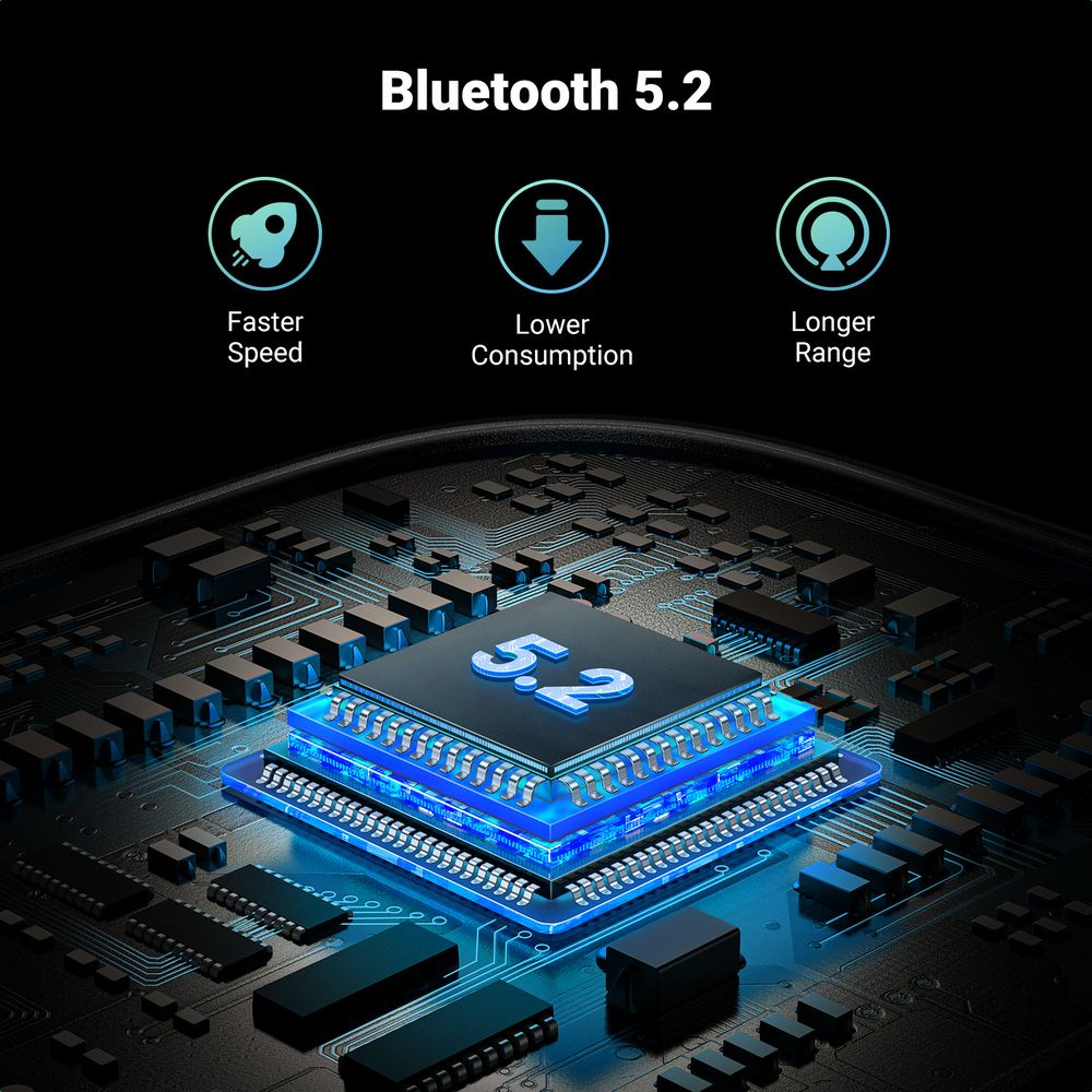 Chip Bluetooth 5.2 z ikonami prędkości, zużycia i zasięgu.