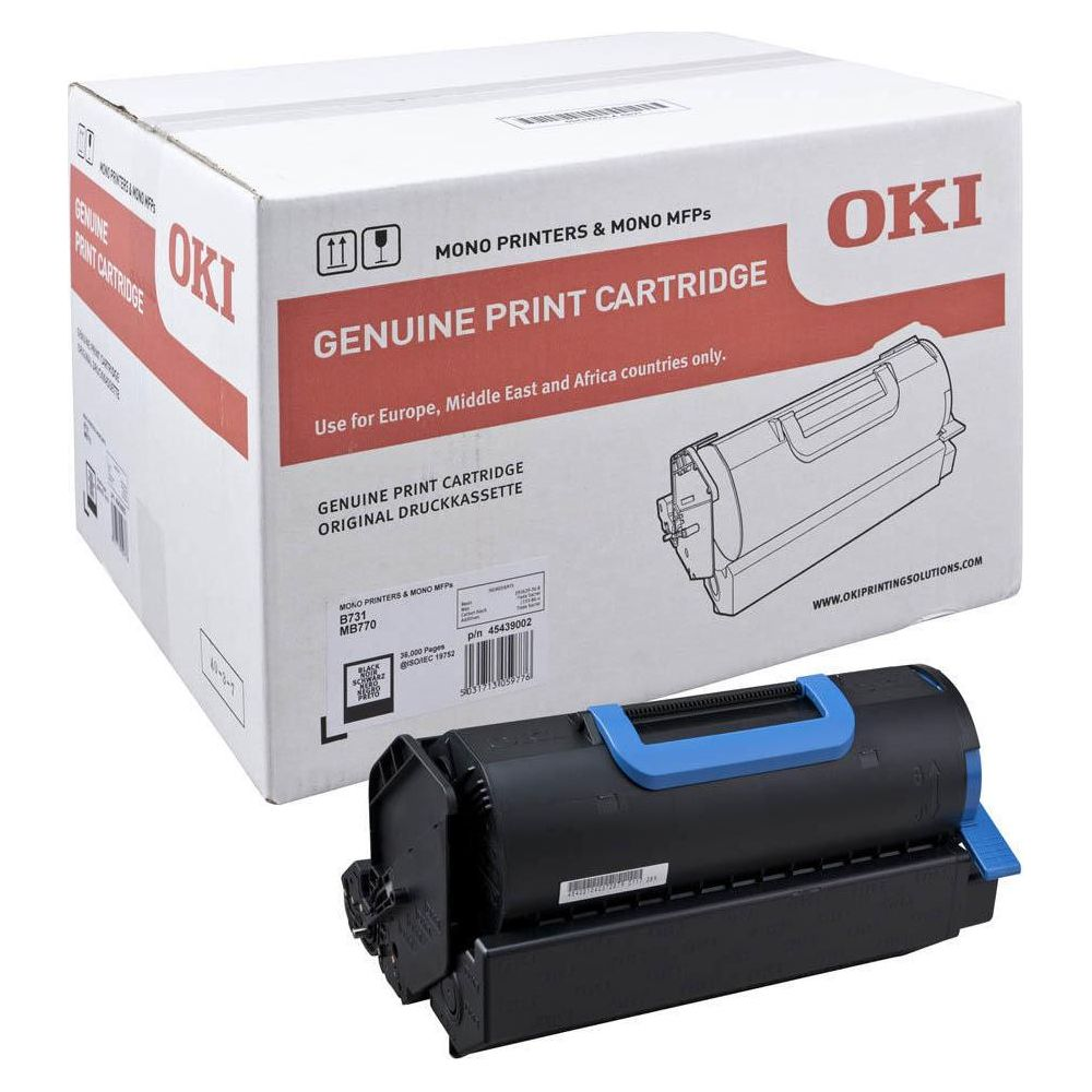 Oryginalne pudełko z kartridżem OKI i czarny kartridż z niebieskimi akcentami.