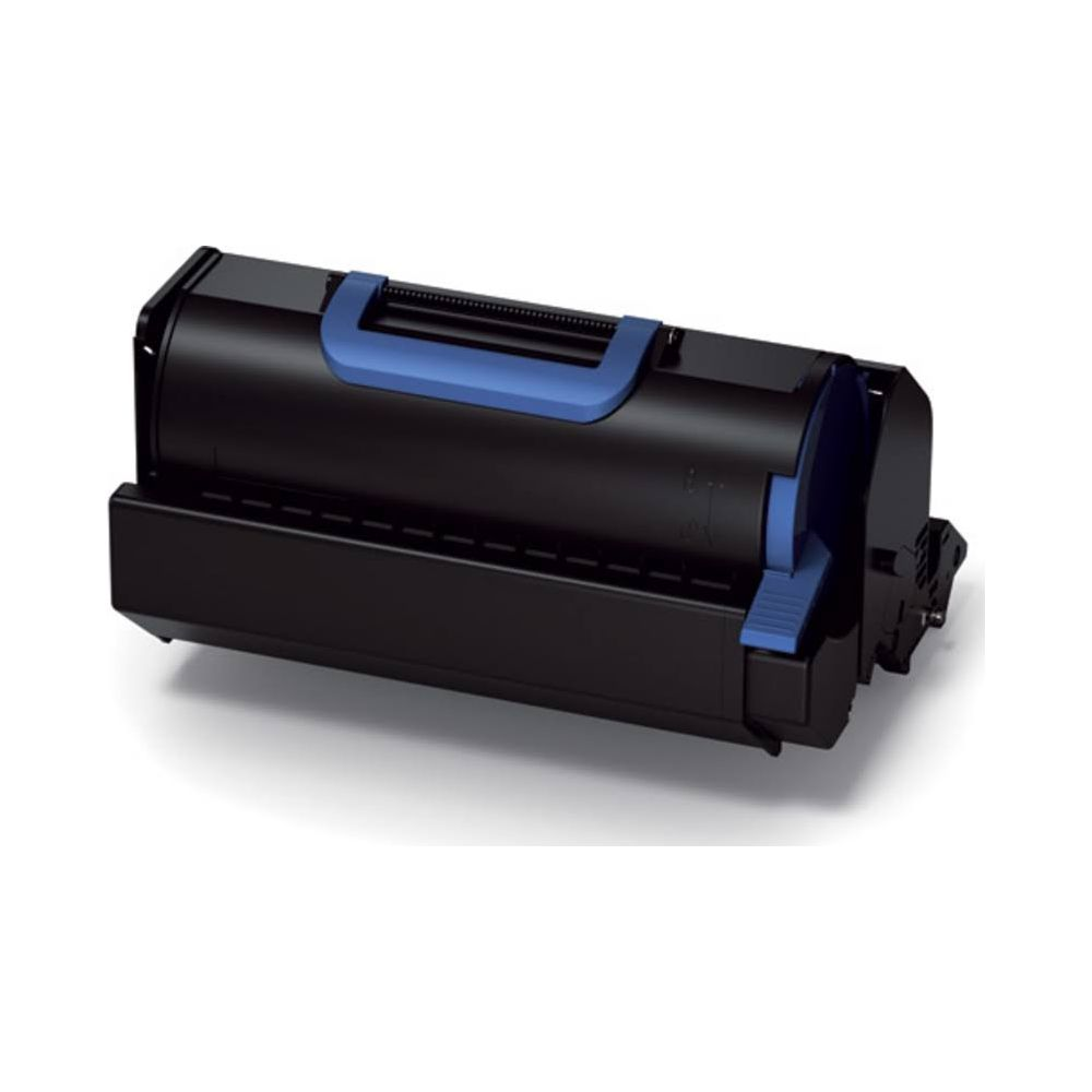 Czarny toner z niebieskim uchwytem i detalami, na białym tle.