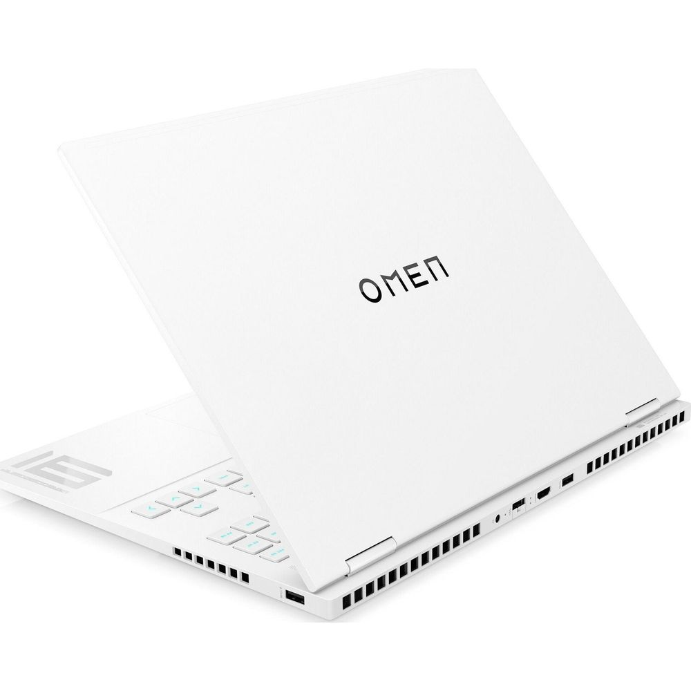 Ein weißer OMEN Laptop mit aufgeklapptem Bildschirm und Tastatur.