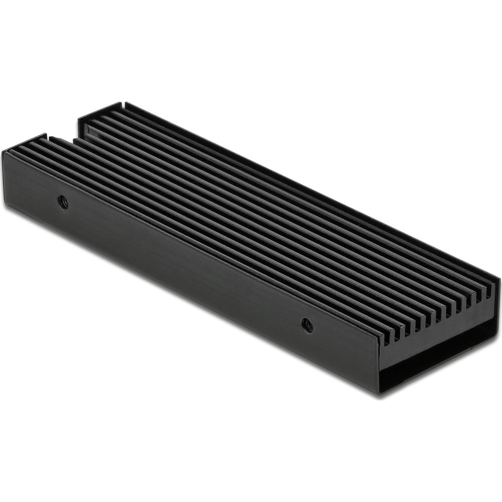 Ein schwarzer M.2 SSD-Kühler mit Kühlrippen.