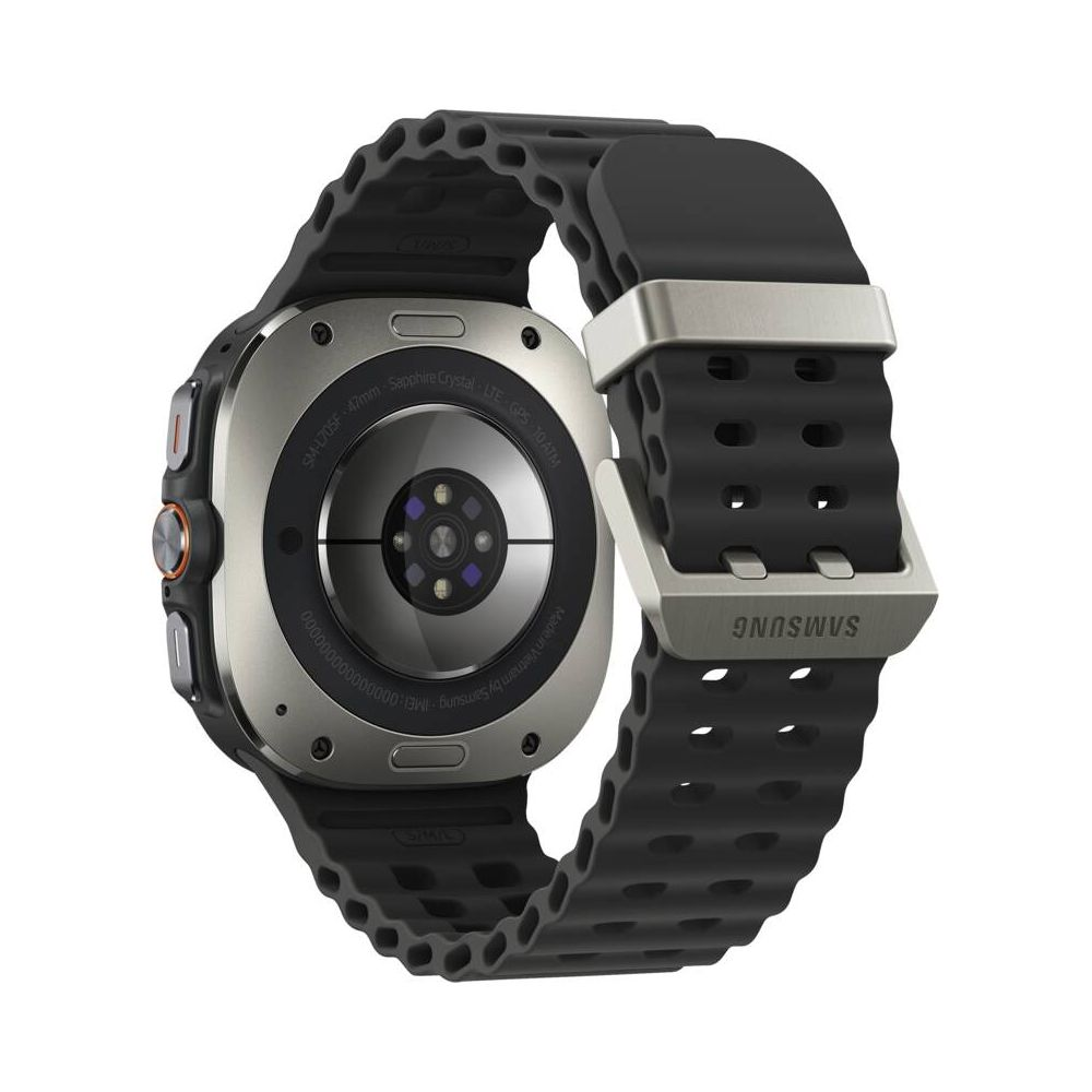 Vue arrière d'une montre connectée argentée avec bracelet noir et capteur cardiaque.