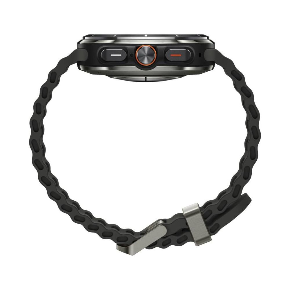 Montre connectée grise avec bracelet noir, vue latérale, boutons blancs.