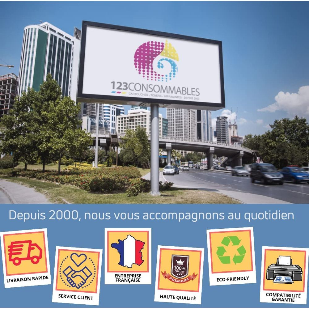 Billboard reklamuje 123CONSUMABLES z ikonami dostawy, serwisu, Francji, jakości.