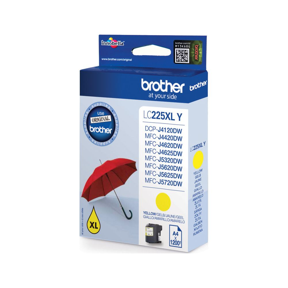Brother ink cartridge LC225XL Y, yellow, with red umbrella and XL logo.