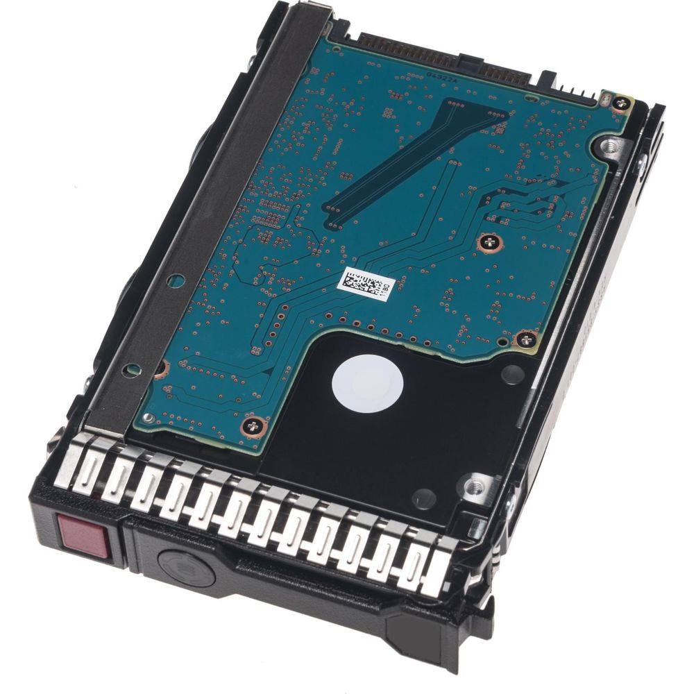 Dysk twardy komputera z niebieską płytką drukowaną i srebrnym złączem.