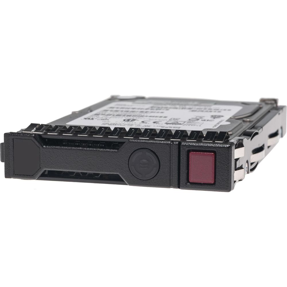 A black hard drive with a red button and silver connectors, on a white background.